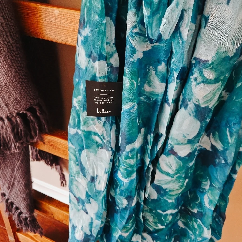 NWT Lulus Flowering Day Dream Teal Blue Floral Organza Midi Dress – Size S - Picture 11 of 15